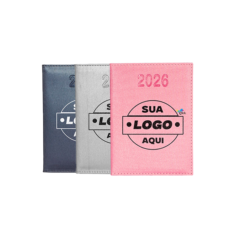 Agenda diária em couro sintético metalizado, formato 14,7x20 cm com páginas para dados pessoais , orçamento pessoal , planejamento diário  e mapas 

